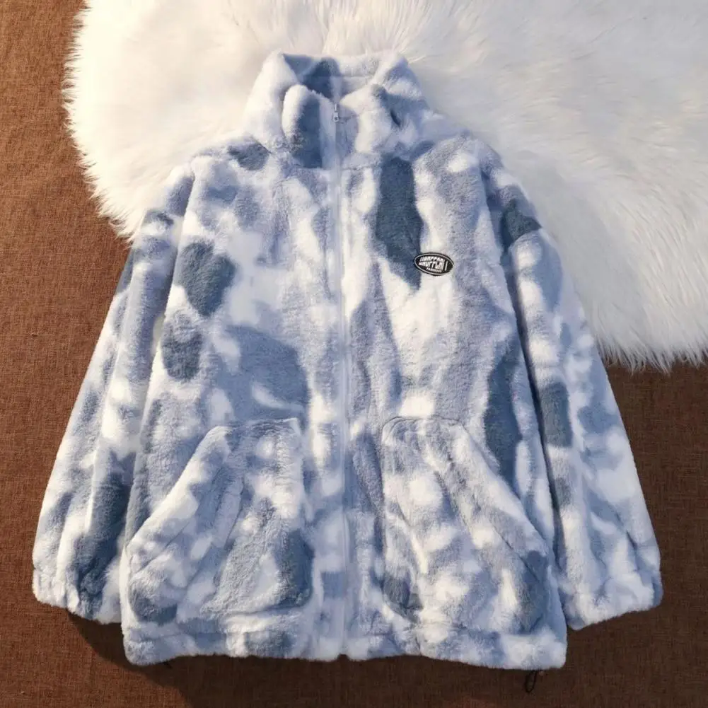 Women Thermal Jacket Tie-dyed Faux Lambswool Coat Winter Coat with Plush Lining Stand Collar Zipper Closure Windproof Resistant