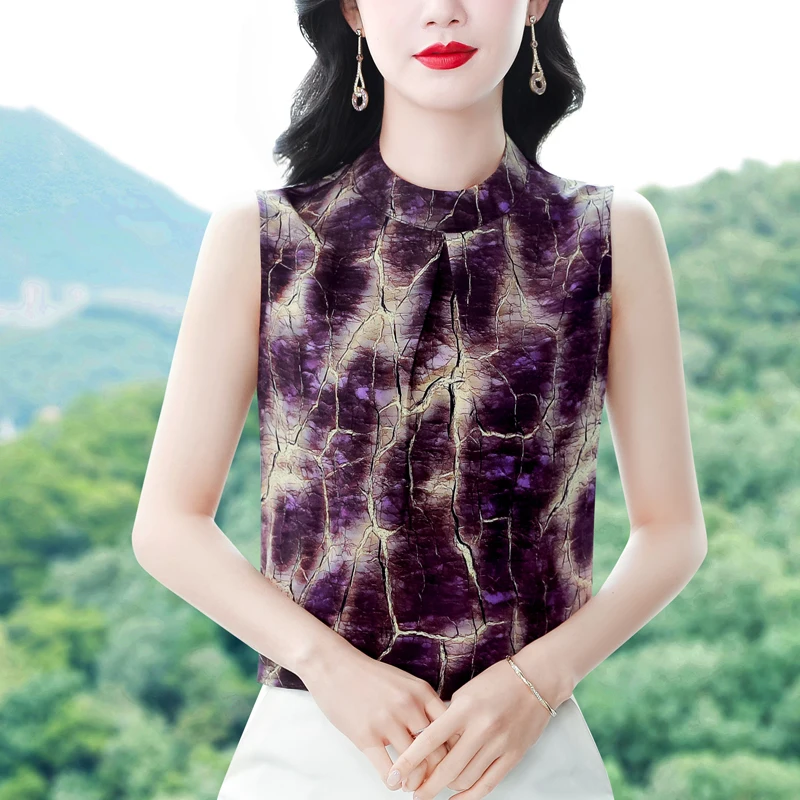 Elegant Fashion Silk Chiffon Shirt Women's Summer Blouse Sleeveless Printed Tank Tops