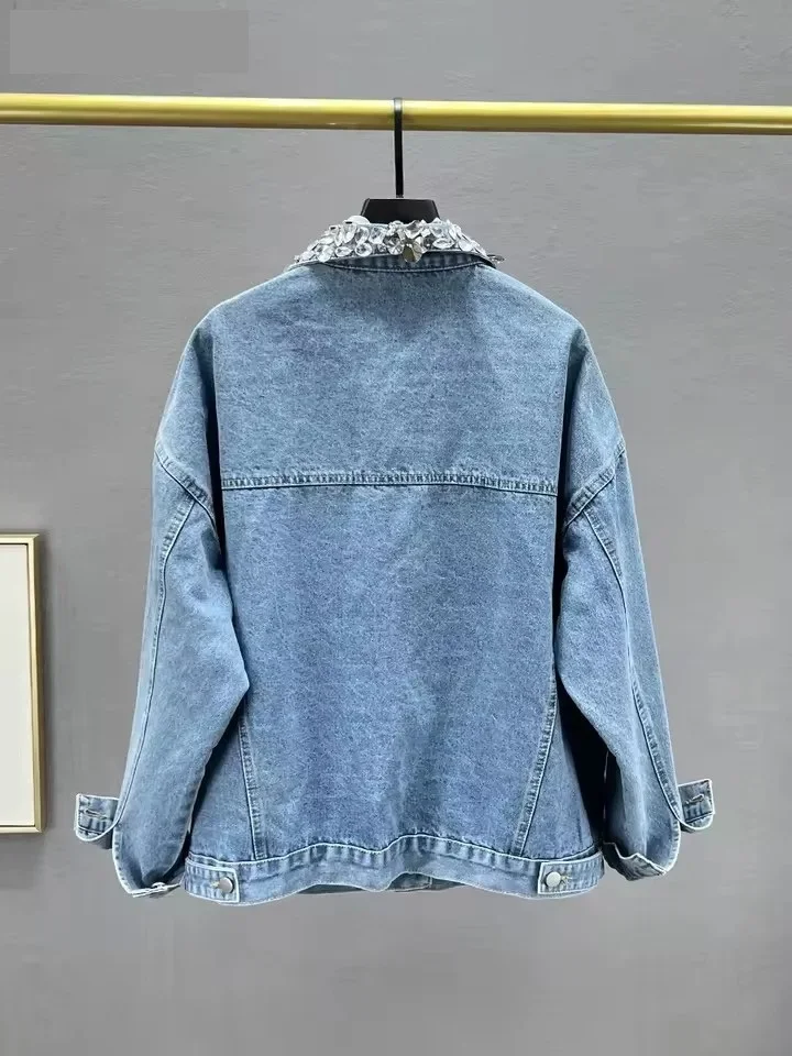 Pop Pop 2025 nouvelle Station européenne lourde incrustée de diamants femmes veste en jean printemps automne ample décontracté à manches longues vêtements d'extérieur haute