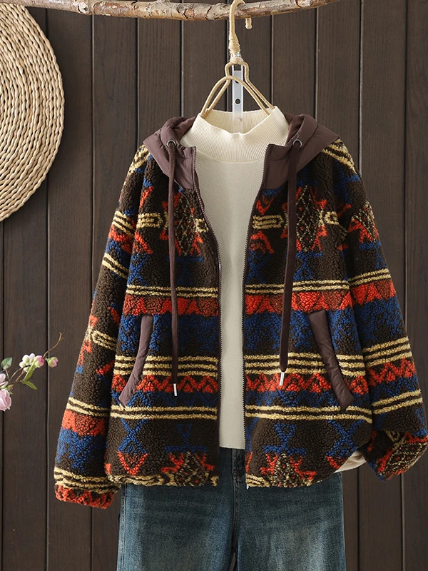 Retro American Spliced Hooded Lamb Fur Jaet Women's Autumn Winter New Sle Lazy Lamb Velvet Cotton Coat Long Sve Zipper