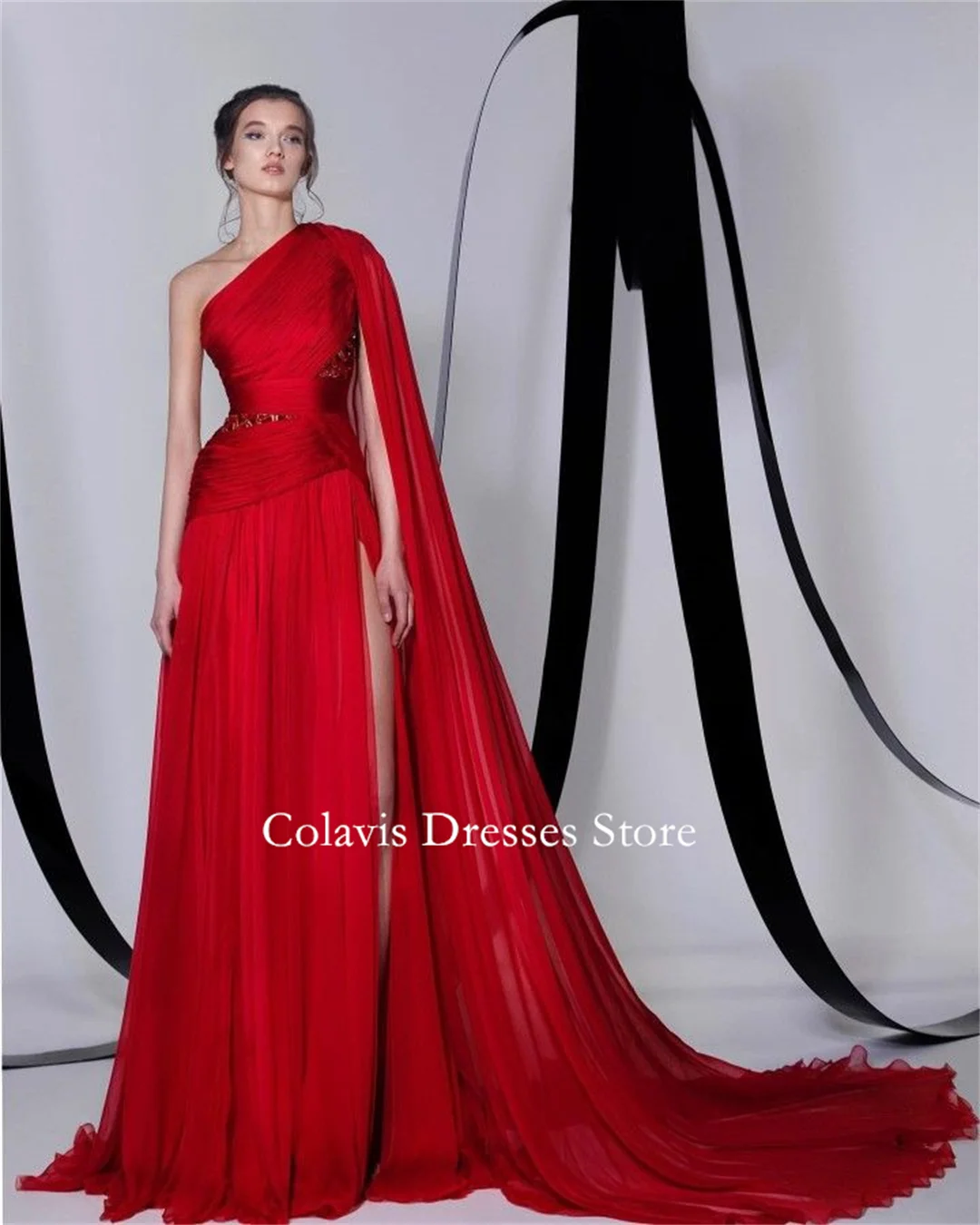 

Colavis Fashion One-Shoulder Customized 2024 New Women's Maxi Chiffon Ruched Prom Dress with Cape Celebrity Vintage Party Dress