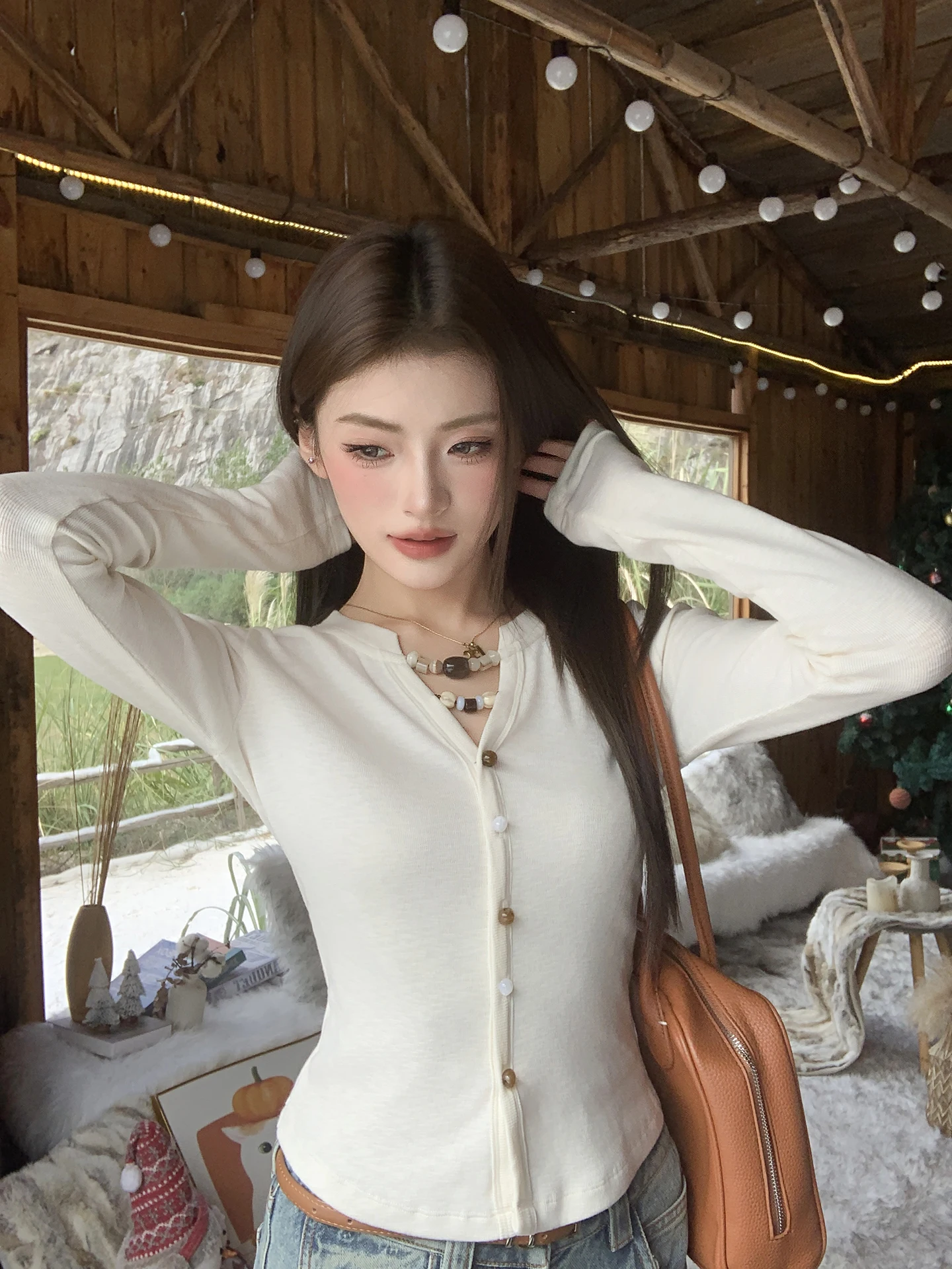 

Earth Store Ретро Coin Wind Ne Bead Chain Высокоэластичная облегающая футболка Base irt Осенняя футболка с длинным светом накладным плечом Топ