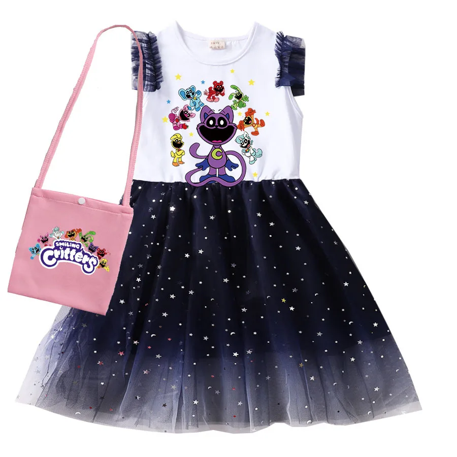 Zomer Kinderen Meisjes Cartoon Lachende Beestjes Jurk Catnap Mouwloze Mesh Prinses Jurken Baby Flower Cartoon Verjaardag Vestidos