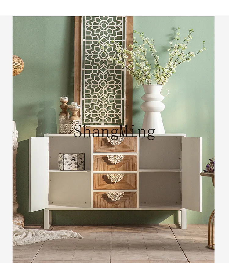 

SM retro solid wood porch cabinet, living room entry engraved against the wall storage with door decoration storage cabinet