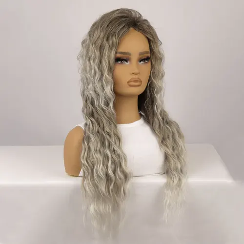 Imagen 2 del producto Pelucas sintéticas de raíces oscuras de aspecto Natural para mujer, pelo largo ondulado con agua, Rubio ceniza ombré, peluca para fiesta de Carnaval y Halloween de los años 80, 28 pulgadas