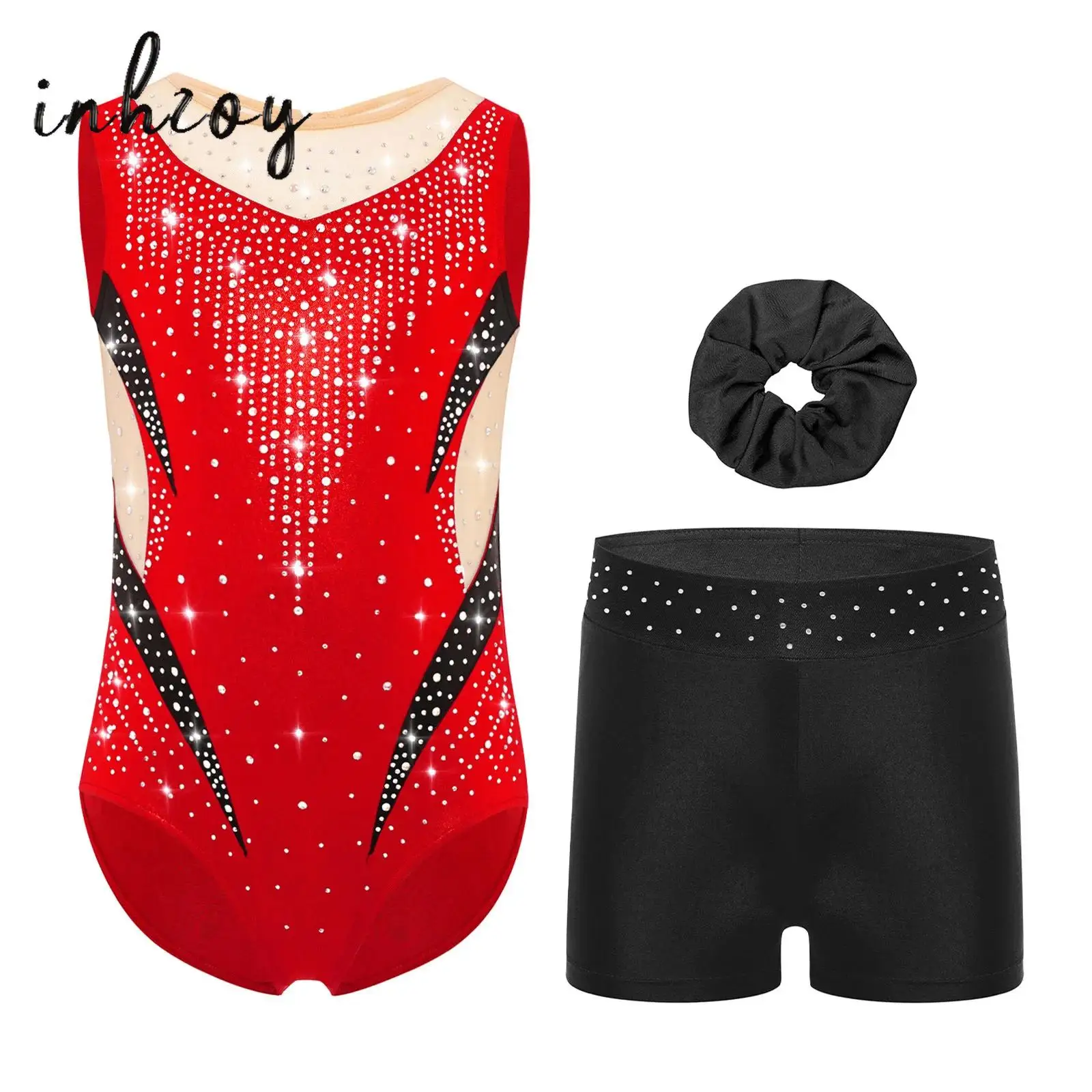 

Kids Girls Gymnastics Bodysuit Figure Skating Outfit Sheer Mesh Patchwork Sparkling Rhinestones Metallic Leotard+Headwear+Shorts