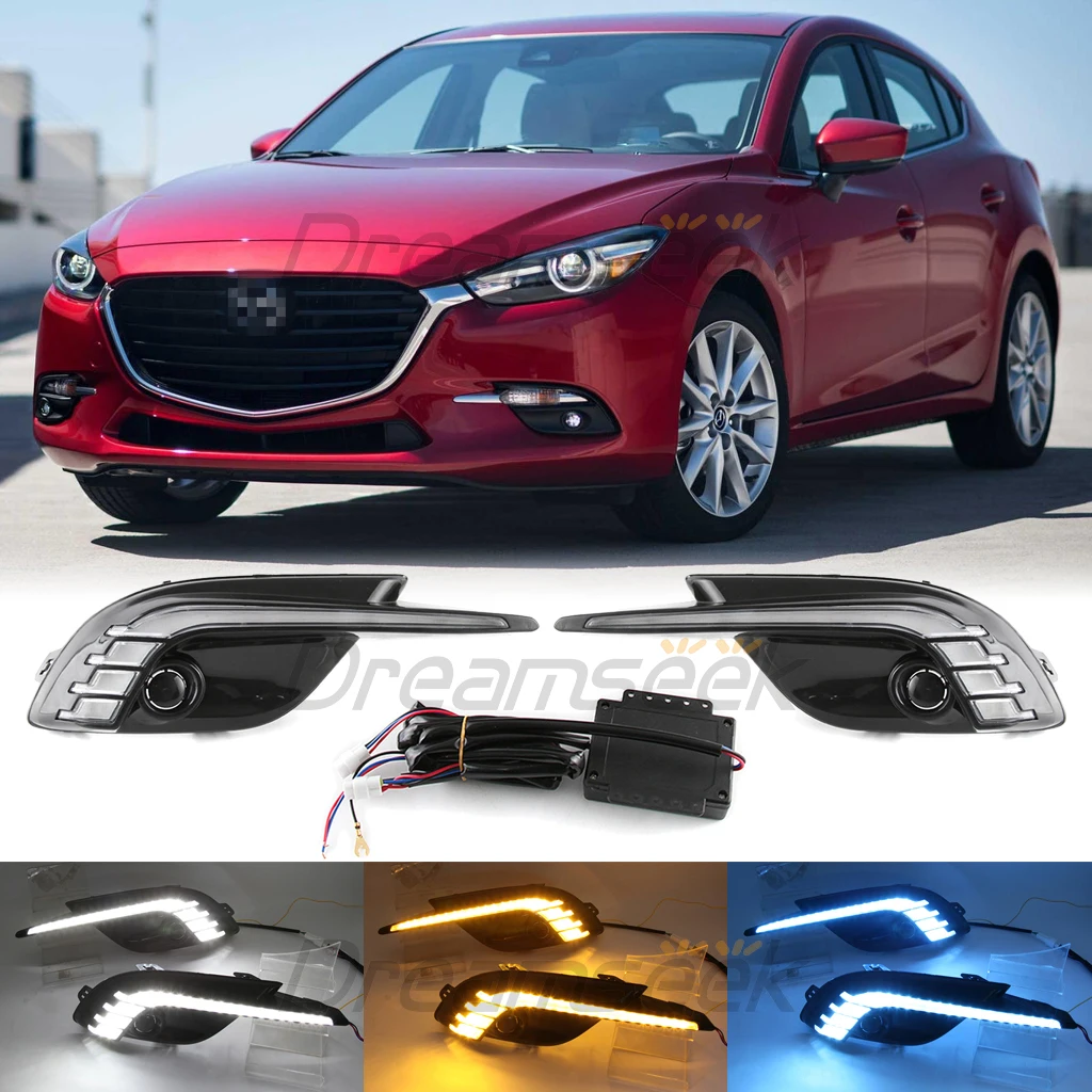 3 Color LED DRL Daytime Running Light For Mazda3 Axela Facelift Model 2017-2018 Car Fog Head Lamp Black Shell With Turn Signal