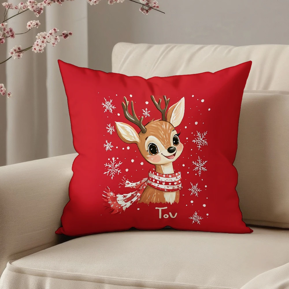 Square Throw Pillow Case Red Cute Cartoon Reindeer With Snowflakes And Tou Text Print For Christmas Home Sofa Bedroom Decoration