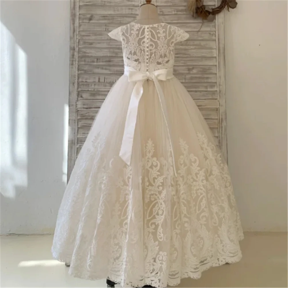 

Flower Girl Dresses White Angel Dleeveless Gauze Lace Printing For Wedding Puffy Baby First Communion Gowns Kids Dream Gift