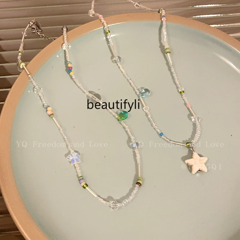 

Color XINGX Double Layer Twin Beaded Necklace Women's High Sense Clavicle Chain Neck Chain