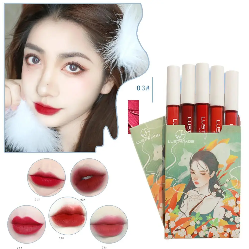 5 Stuks/1 Doos Retro Chinese Stijl Lip Glazuur Set Niet Gemakkelijk Te Vervagen Matte Fluwelen Lippenstift Studenten Make-Up Effen Teint Voor Vrouwen