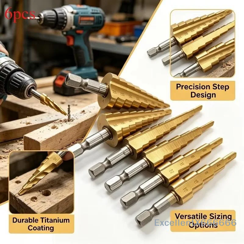 6Pcs Step Drill Bit Set Multi Size Non-Skid for Metal Wood PVC Acrylic Drilling Reaming Electrical Wiring Installation