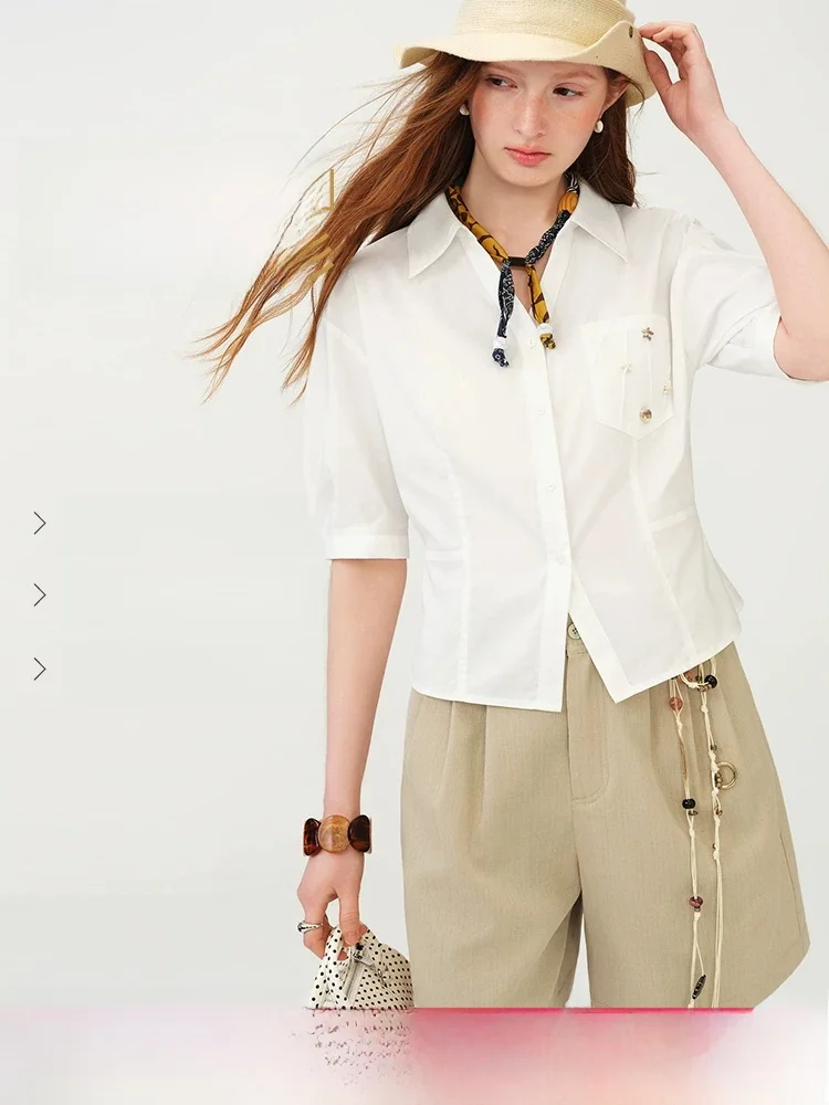 

Slimming Effect V-Neck Women's Shirt Van Slane Summer New Style Salt Holiday 3D Waist Cinching Cotton Blend Shirt