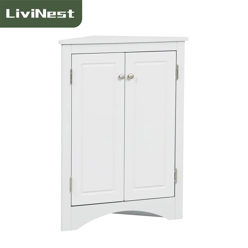 LiviNest White Bathroom Corner Cabinet Corner Storage Cabinet with Double Shutter Doors & Adjustable Shelf