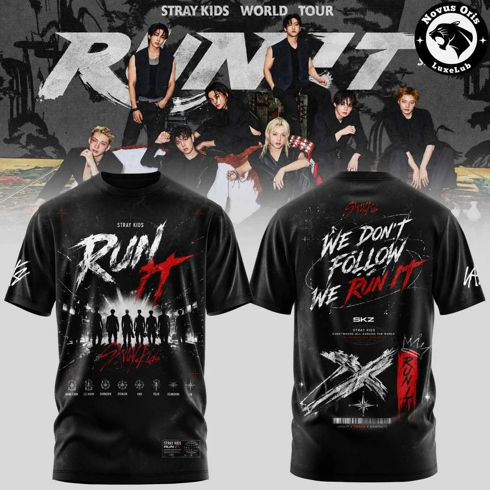 2026 Stray Kids RUN IT Tour Cotton T-shirt Double Sided Print Kpop Fan Merch Tiger Graphic Oversized T-shirt Ins Y2k