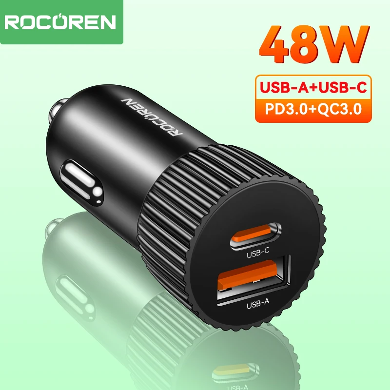 Rocoren 48W USB Type C Car Charger PD QC 3.0 2.0 Car Quick Charge Adapter Fast Charging Mini Power Adapter For iPhone 15 Xiaomi