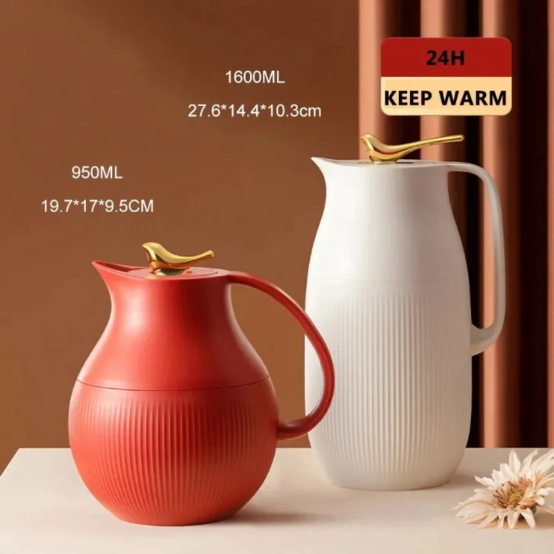 0.95/1.6L Double-Wall Thermos Bottle 48-Hour Long-Lasting Temperature Control Vacuum Flask Red Glass Liner Home Insulated Kettle