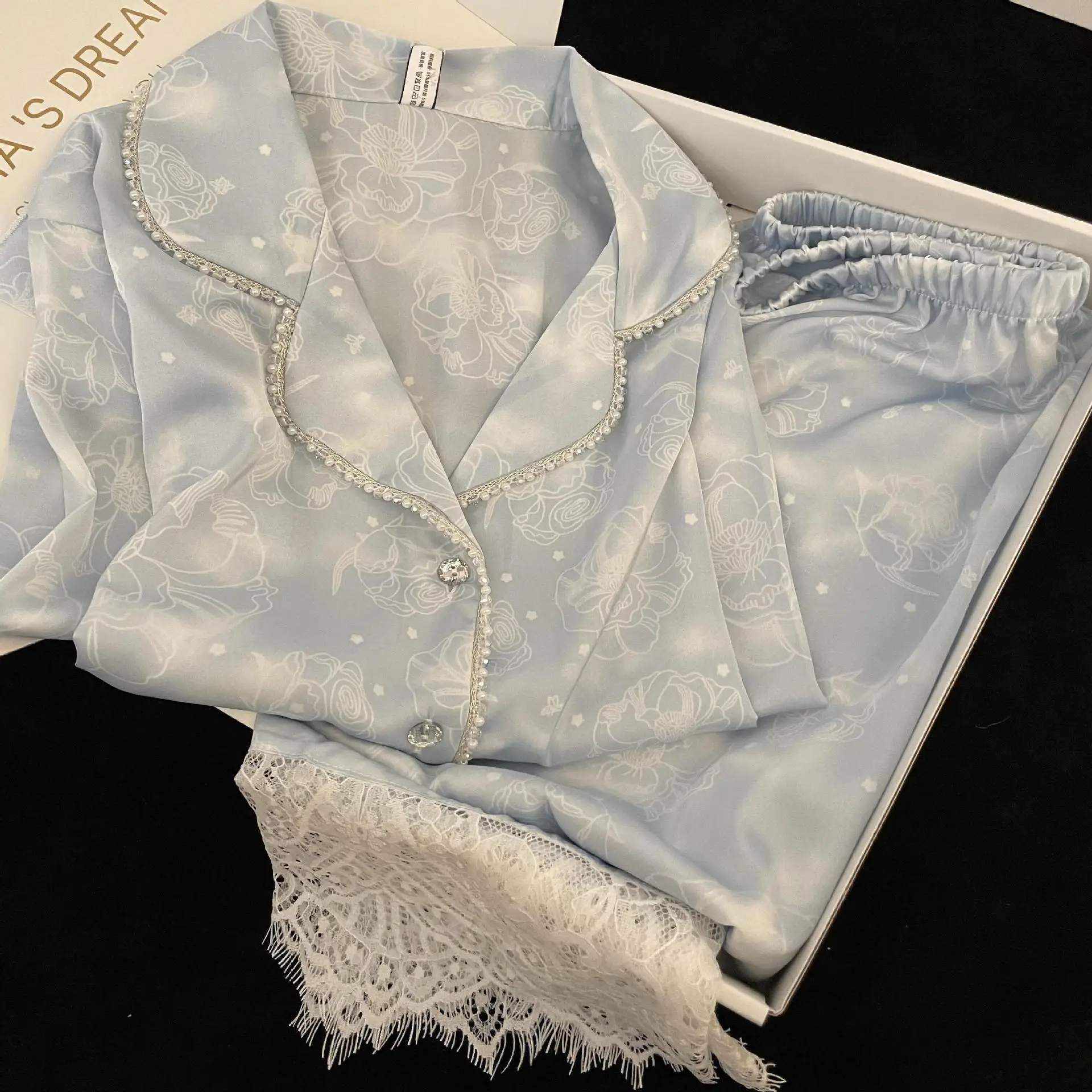 

Plus Size 4XL Female 2PCS Pajamas Set Loungewear Sweet Girl Print Flower Lace Sleepwear Long Sleeve Pijamas Silk Satin Homewear
