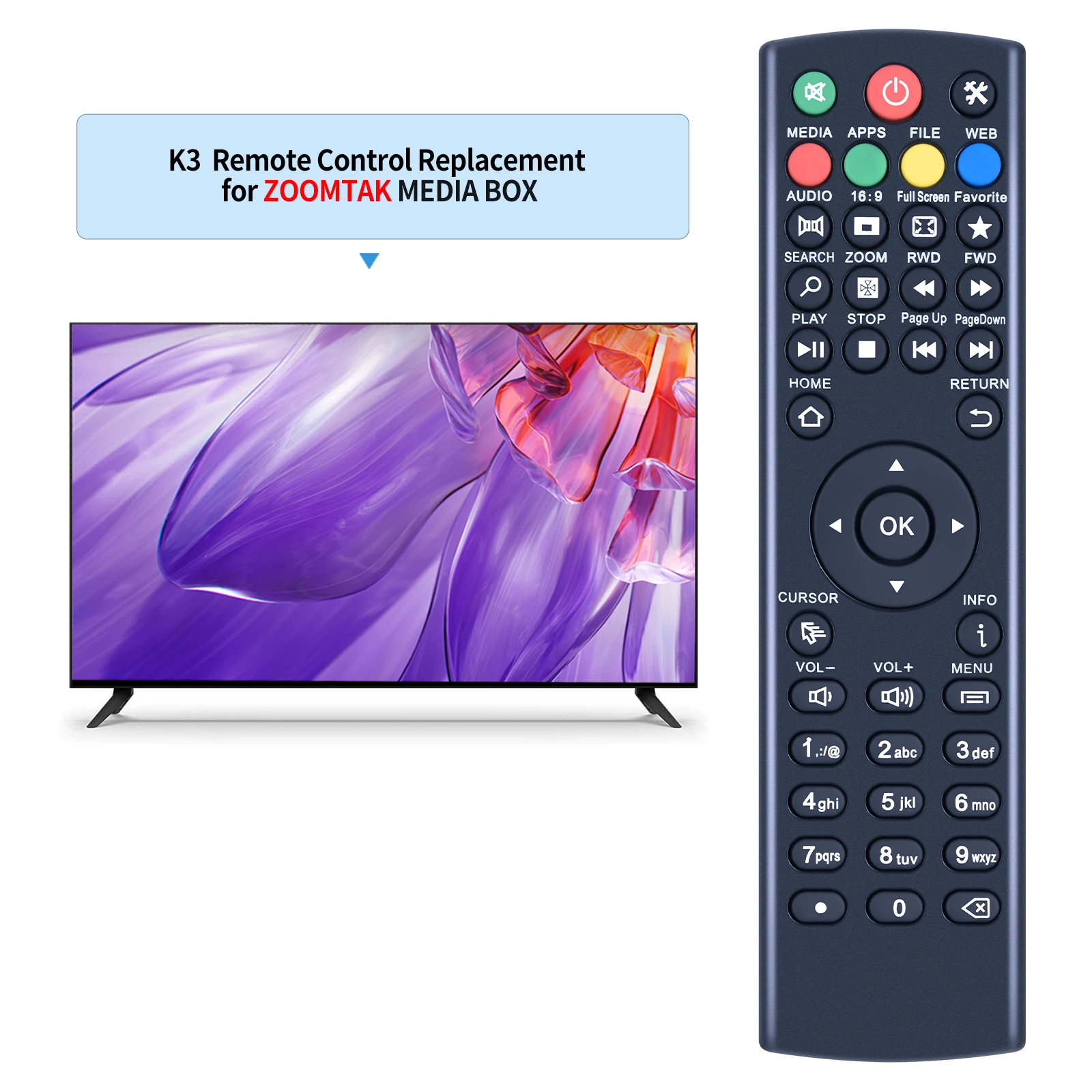 Remote control for ZOOMTAK MEDIA BOX K3 V+ U+ Upro T8+ & H8+ Superbox S1 S2 pro S3 pro Octastream Q1 Elite II MAX IV S5Max