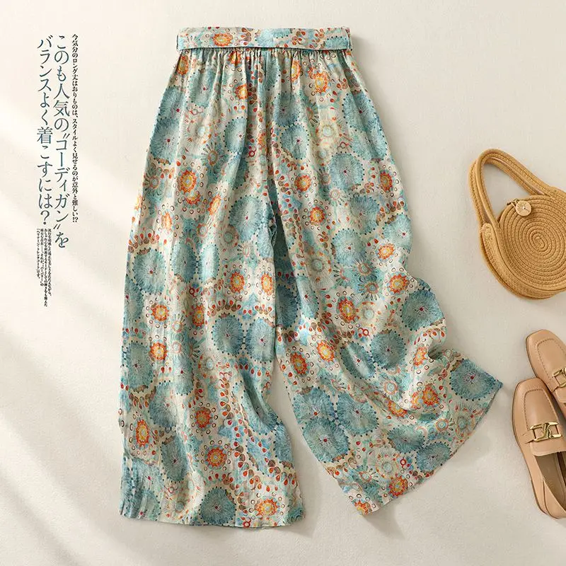 Retro Print Loose Linen Wide-leg Pants for Women in Summer Casual Cotton and Linen Skirt Pants