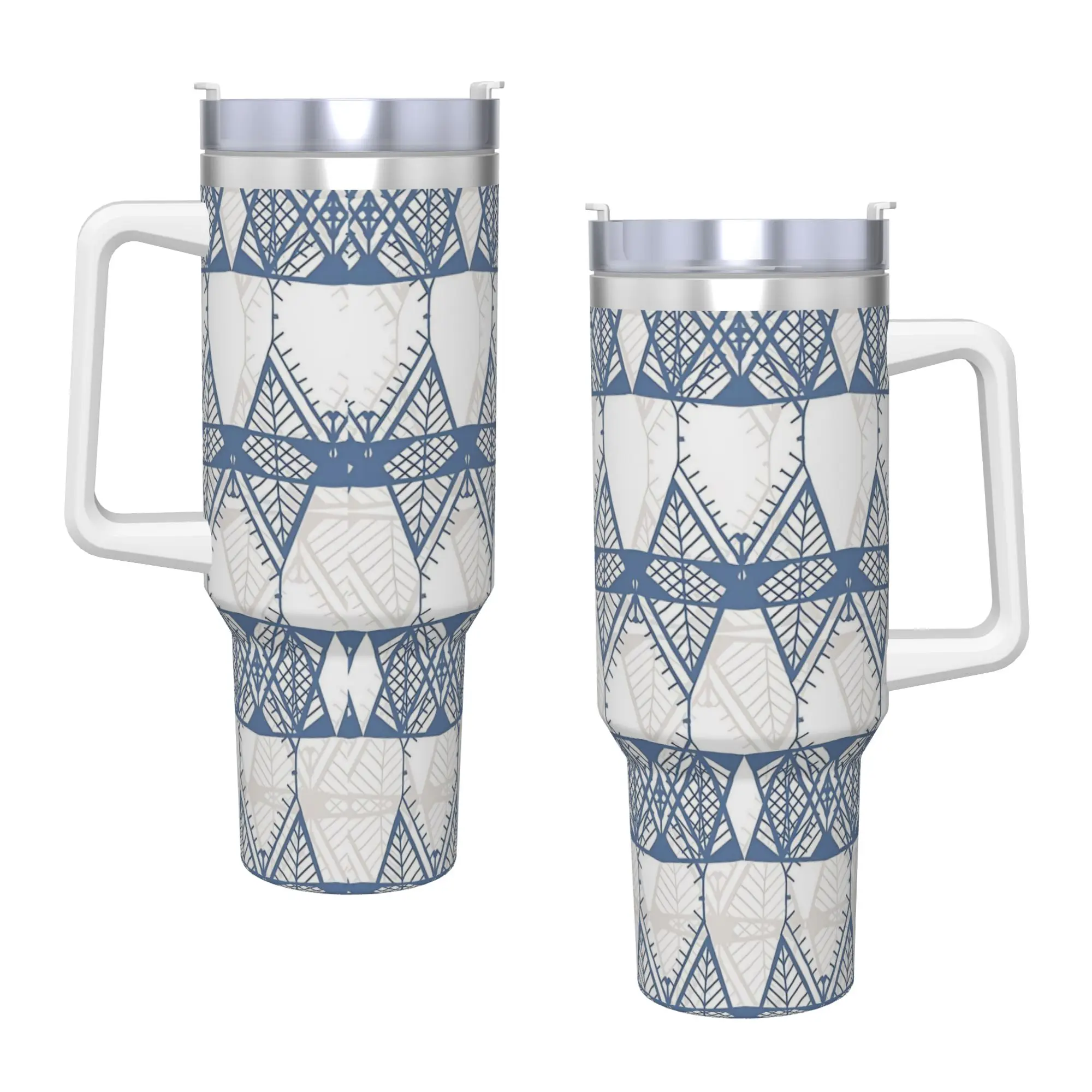 Geometric Blue Doodles  Insulated Tumbler with Straws Geometric Ink Blue Stainless Steel Coffee Mugs Double Wall Bottle Cup 40oz