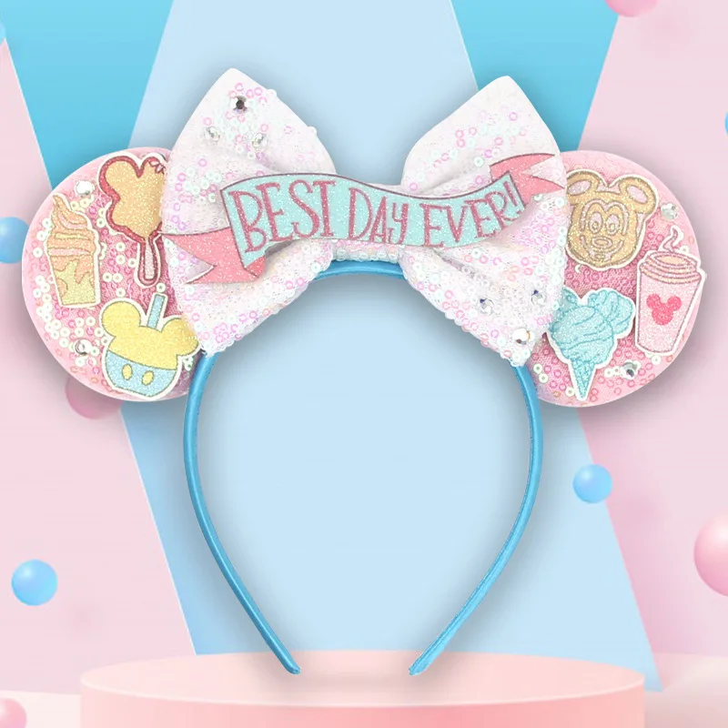 ديزني عيد ميلاد الأطفال ميكي Headbands آذان ميكي إكسسوارات الشعر رسالة ملونة التألق القوس ملاهي أغطية الرأس