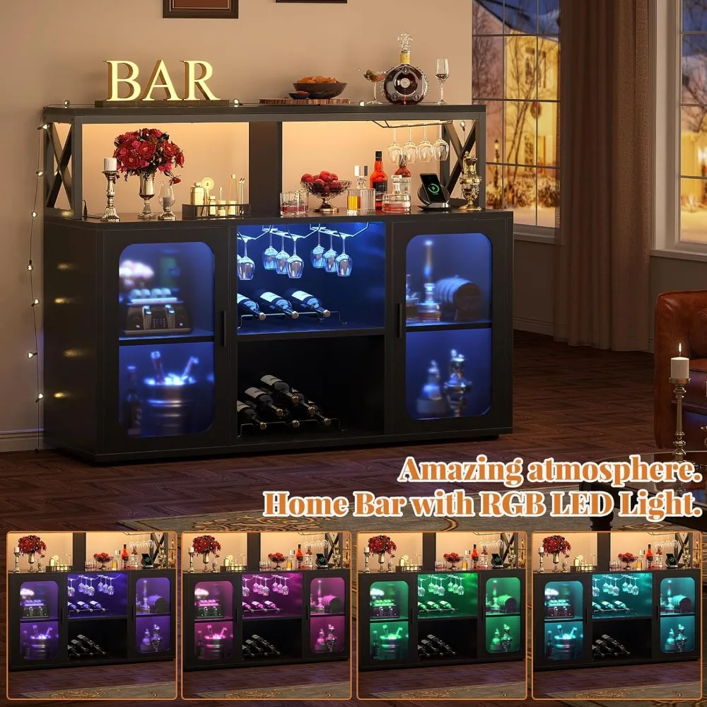 Gabinete de vino familiar con salida USB integrada, gabinete de licor con luces Led y soporte de vidrio, gabinete de vino con bastidores-S1, negro