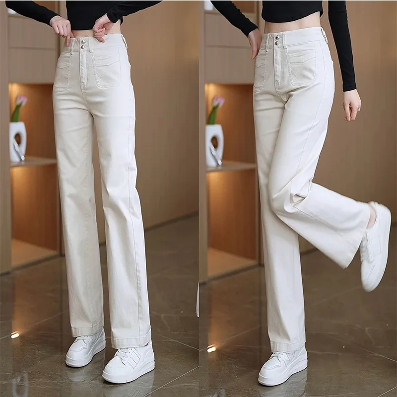 219 versione stretta di pantaloni a gamba larga a vita alta larghi Slim Slim Beige bianco gamba dritta pantaloni Casual Jeans