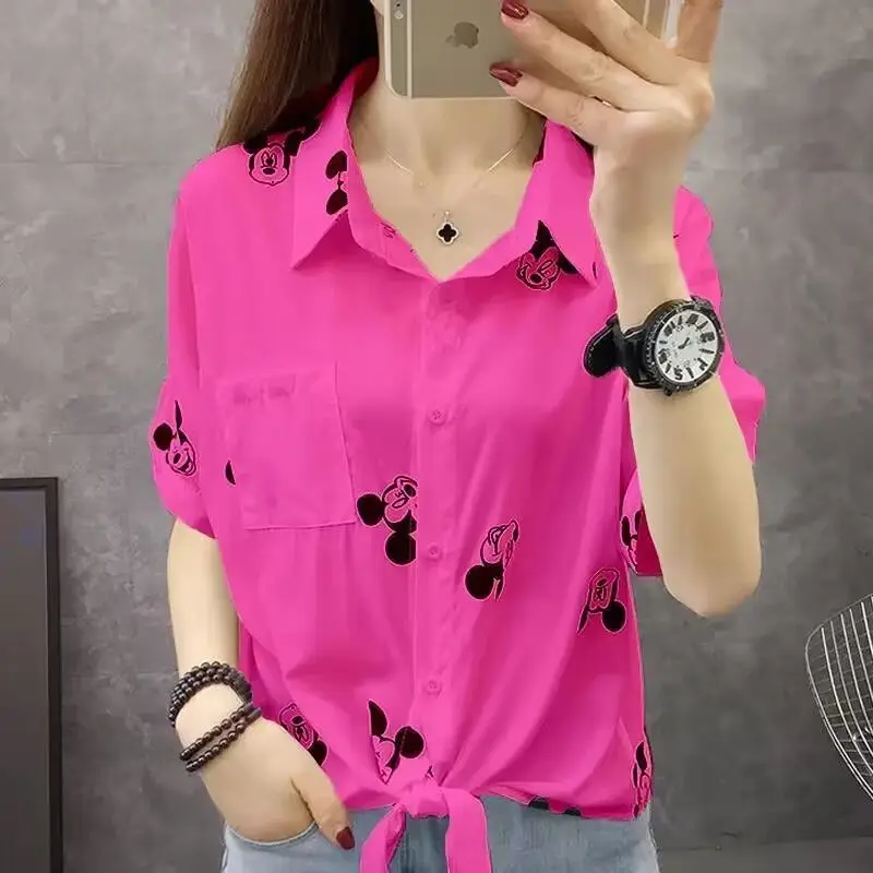 Minimalist Commute Summer New Blouses Women\'s Polo-Neck Spliced Printed Pockets Polka Dot Drawstring Bow Slim Short Sleeve Shirt