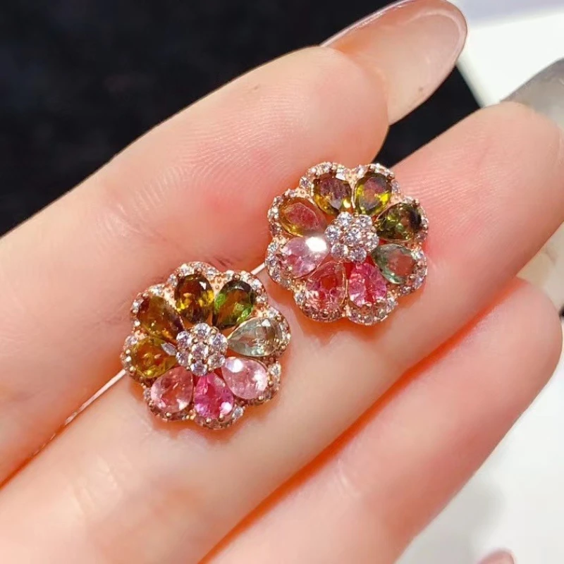 Multi-color Gemstone Silver Earrings Natural Tourmaline Earrings 3mm*4mm Total 1.6ct Genuine Tourmaline 925 Silver Jewelry