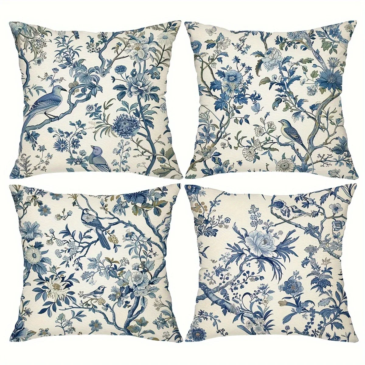 Retro blue floral bird pattern printed pillowcase living room sofa cushion cover bedroom room home decoration