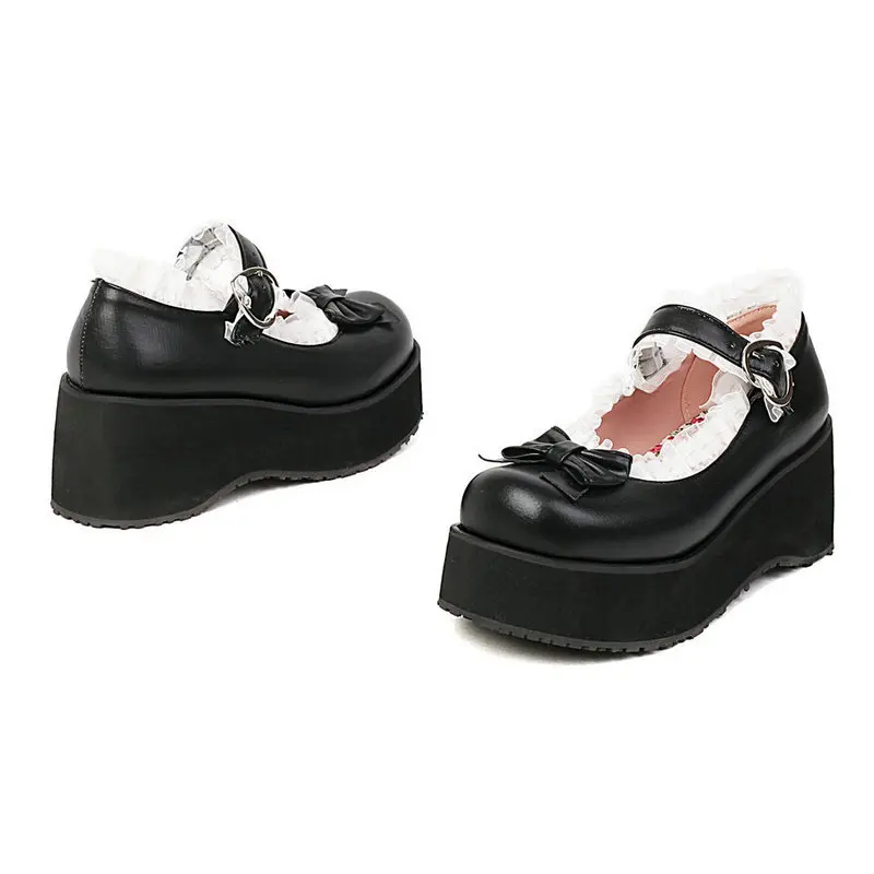 Bowknot Lolita Shoes Platform Heels Women Pumps Japanese School JK Uniform Fashion Girl Rear Bow Tie Thick Sole Mary Jane Buckle