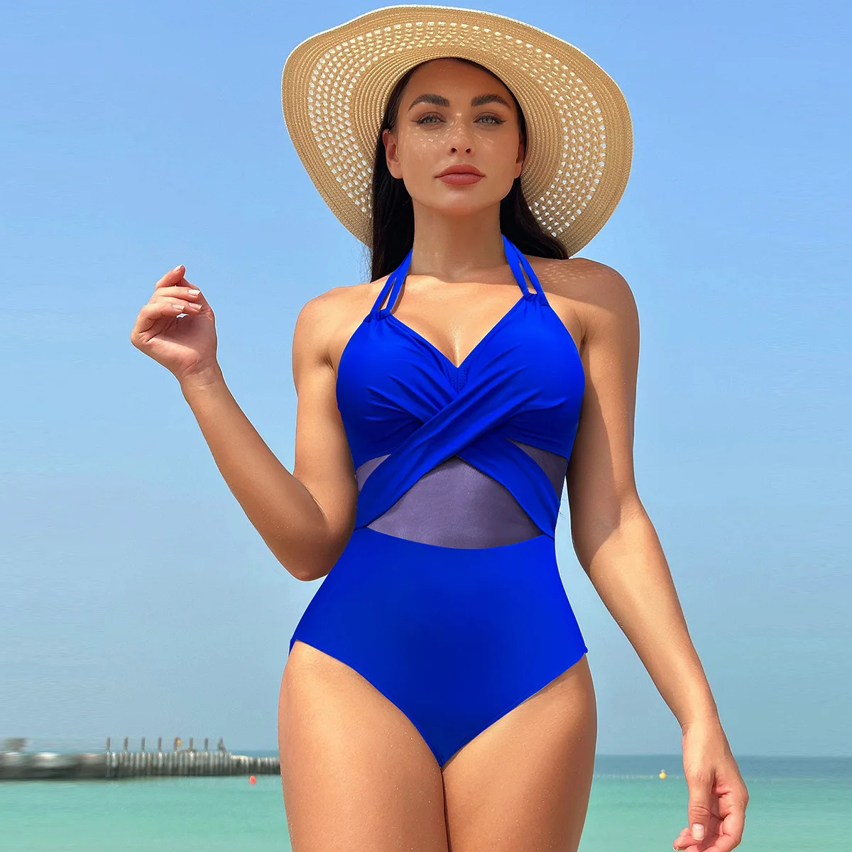 Women\'s Bikini Swimsuit One Piece Solid Color Mesh High Waist Neck Strap Open Back New Arrivals Summer Beach Swimwear Quick Dry