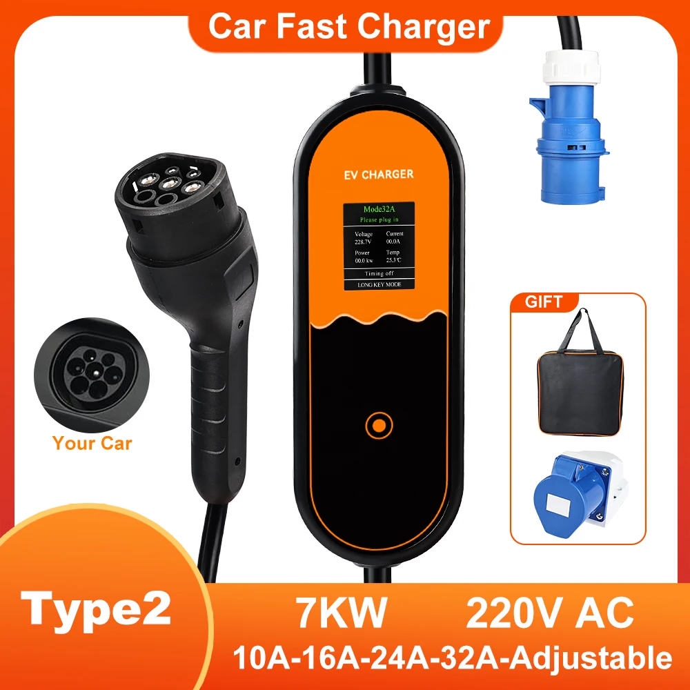 ADPOW 32A 7KW Type2 EV Charger Portable Electric Vehicle Charger Adjust Current EVSE Charging Cable Wallbox Fast Charging