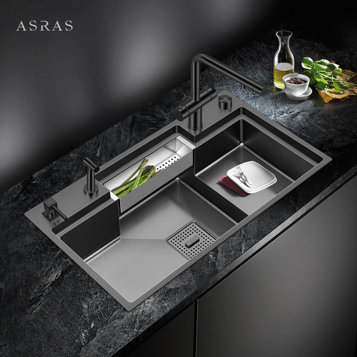 ASRAS Large Size Nanometer Black Kitchen Step Sink SUS 304 Stainless Steel 4mm Thickness Handmade Step Single Kitchen Sinks