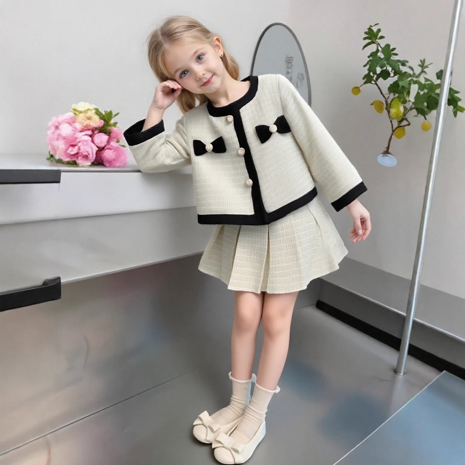 New Little Girls' Tweed Blazer Jacket with Matching Skirt Set Children's Outfit Trendy Kids' Fashion Elegant Two Piece Sets  123