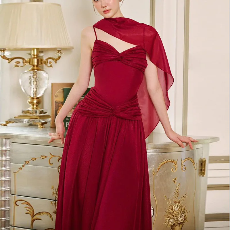 Fashionable Strapless Long Dress Slimming Pleated Sash Pure Color Summer High Waist Polyester Gown for Date Party Banquet