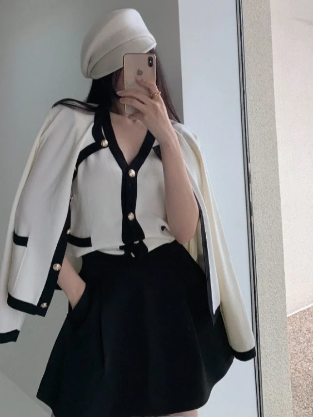 

Ele Color Blo Single Button Knitted Sweater And Vest Two Piece Set Chic Commute Sle Loose Fit V Ne Button up Design