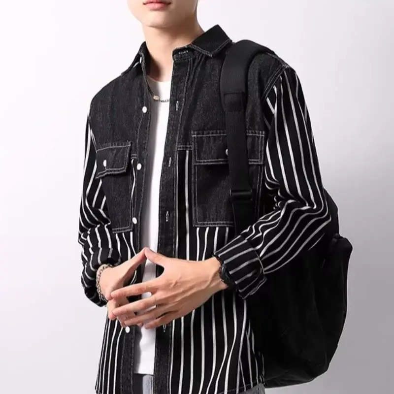 2024 New Spring and Autumn Youth Collection Commuting and Leisure Versatile Contrast Stripe Pocket Long Sleeved Men's Shirt Top