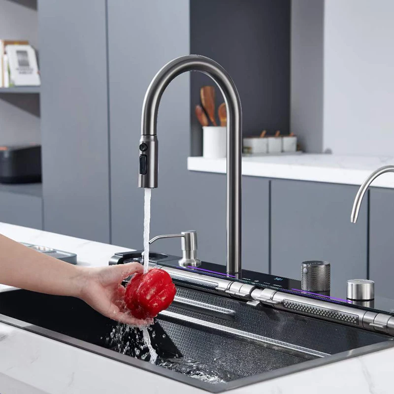 304 Kitchen Sinks Double Vessel Kitchen Sink With Digital Display Piano Button Waterfall Wash Sink Stainless Faucet