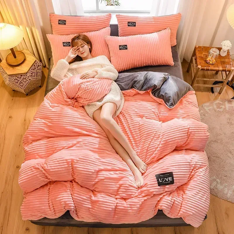 Bedding Set Queen King Size Home Textile Solid Color Duvet Cover Pillow Case Bed Sheet Bedroom Set AB Side Quilt Cover Bed Linen