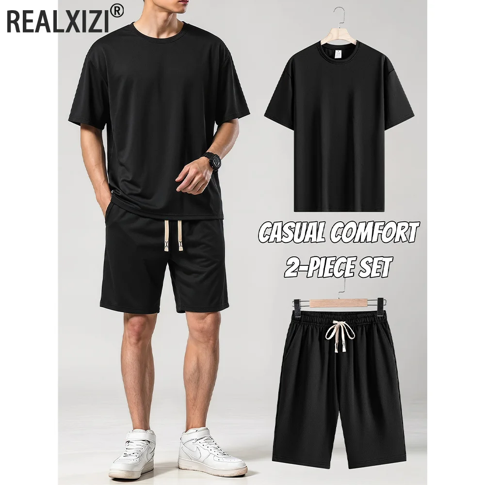 

Men’s Summer Casual 2-Piece Set Quick Dry Short Sleeve T-Shirt and Elastic Waist Shorts with Pockets for Travel and Daily Use