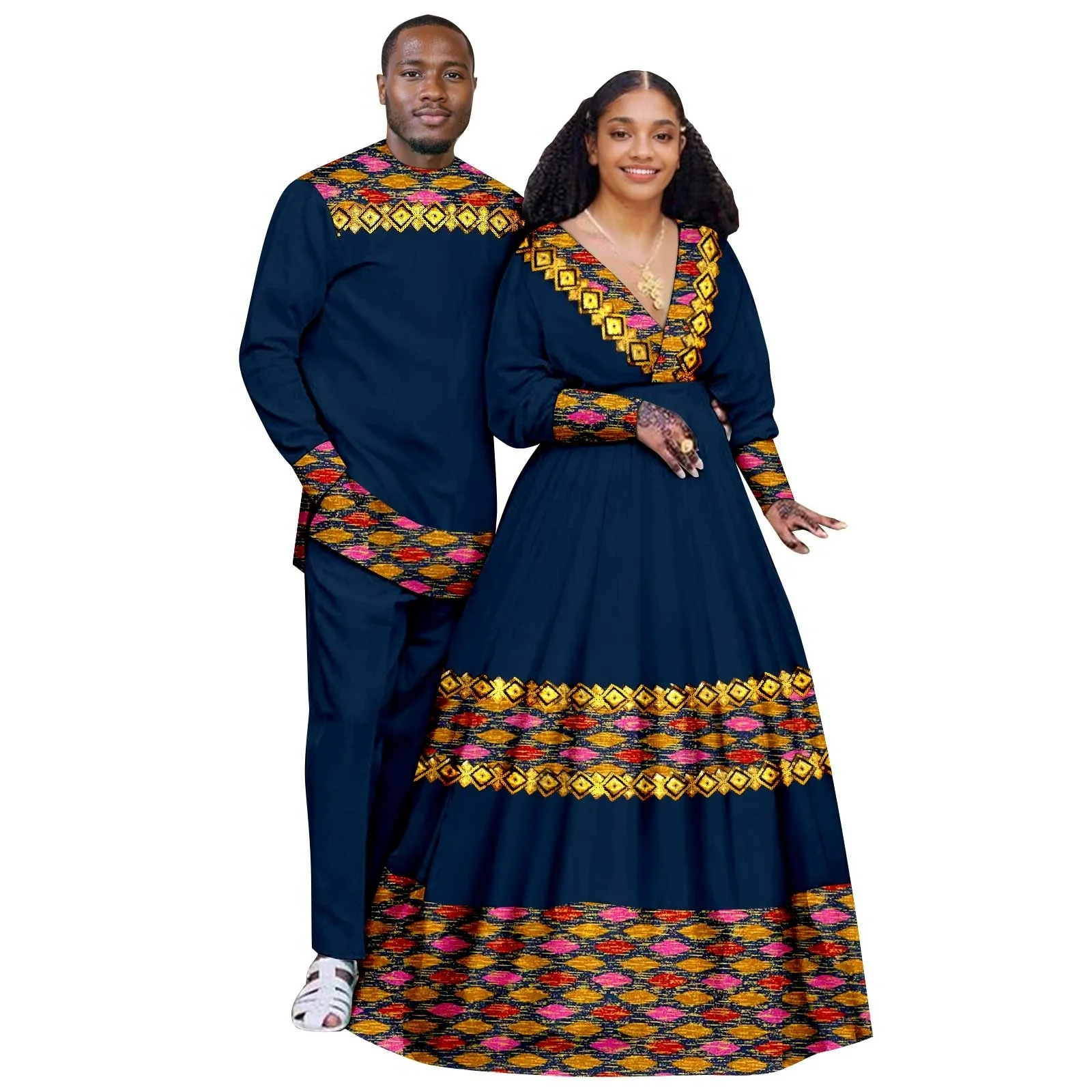 

Dashiki African Lovers Suit African Appliques Clothes Women Long Tutu Dresses Matching Couple Outfits Men Top and Pants Sets