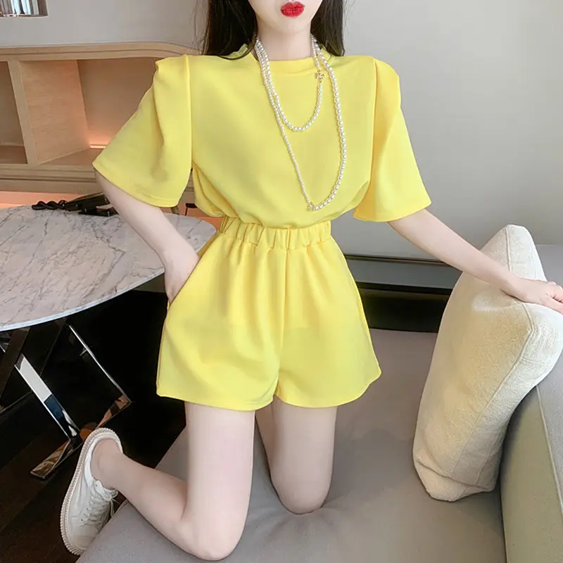 2024 New Summer Casual Korean Solid Color SO-neck Short Sleeve Matching Sets Simplicity Elastic Waist Short Sets Women Clothing