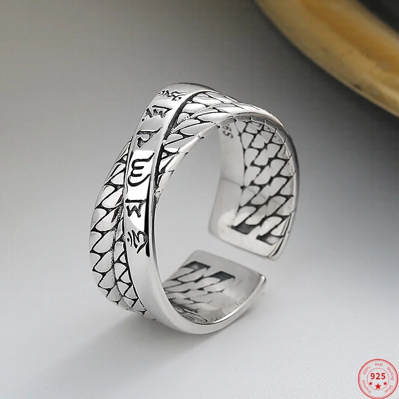 S925 Sterling Silver Charms Rings for Women Men Emboss Weaven Pattern Six Character Mantra New Fashion Jewelry Wholesale