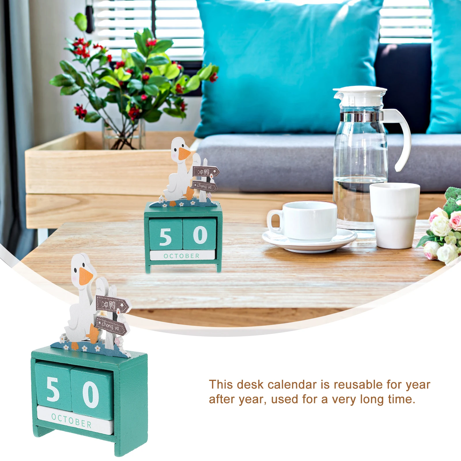 

Wooden Desk Calendar Decorations Green Cartoon Block perpetual calendar for Home Office School Reusable Year after Year
