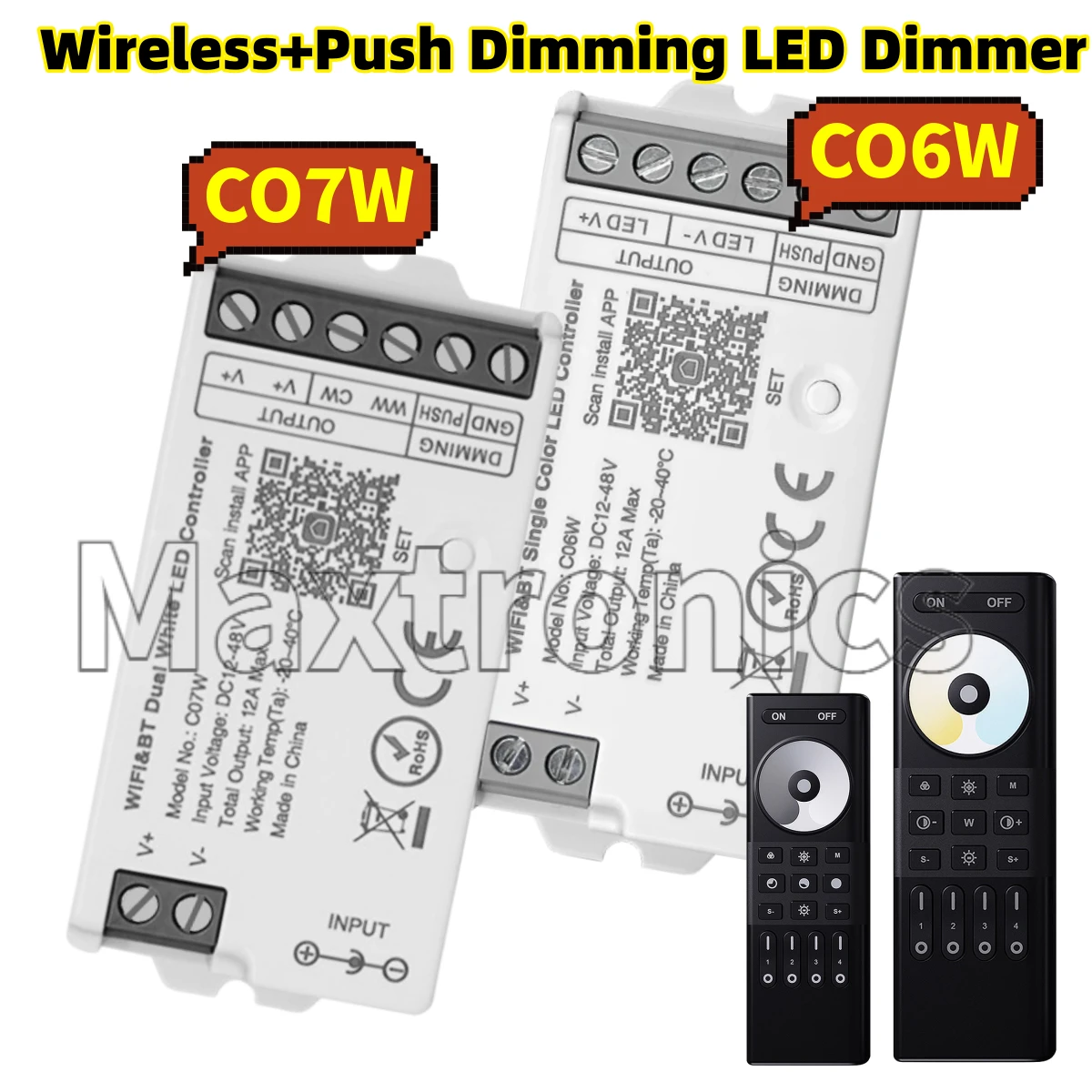 

Беспроводной Wi-Fi/BT Tuya Smart+2.4G диммер для LED-лент с функцией Push Dimming, 12В-48В, Hue Bridge, голосовое управление Alexa, для одноцветных и двухцветных контроллеров