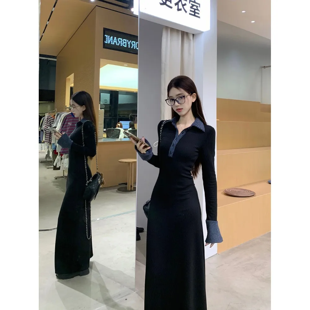 ドレス 長袖 レディースドレス アップリケ 冬 ベルベット レイヤード パネル付き 長袖 Hライン ミニマリストスタイル サーマル アーティスティック