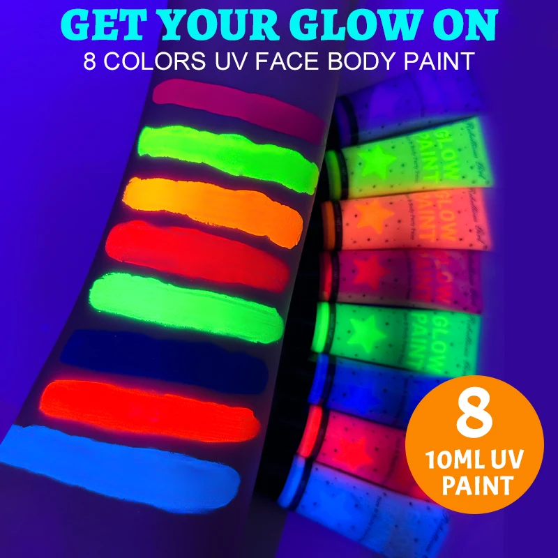 8 Uds. Pintura facial y corporal con brillo UV de 10ml, maquillaje fluorescente para fiestas para carnaval, discotecas, electroerosión, secado rápido y duradero