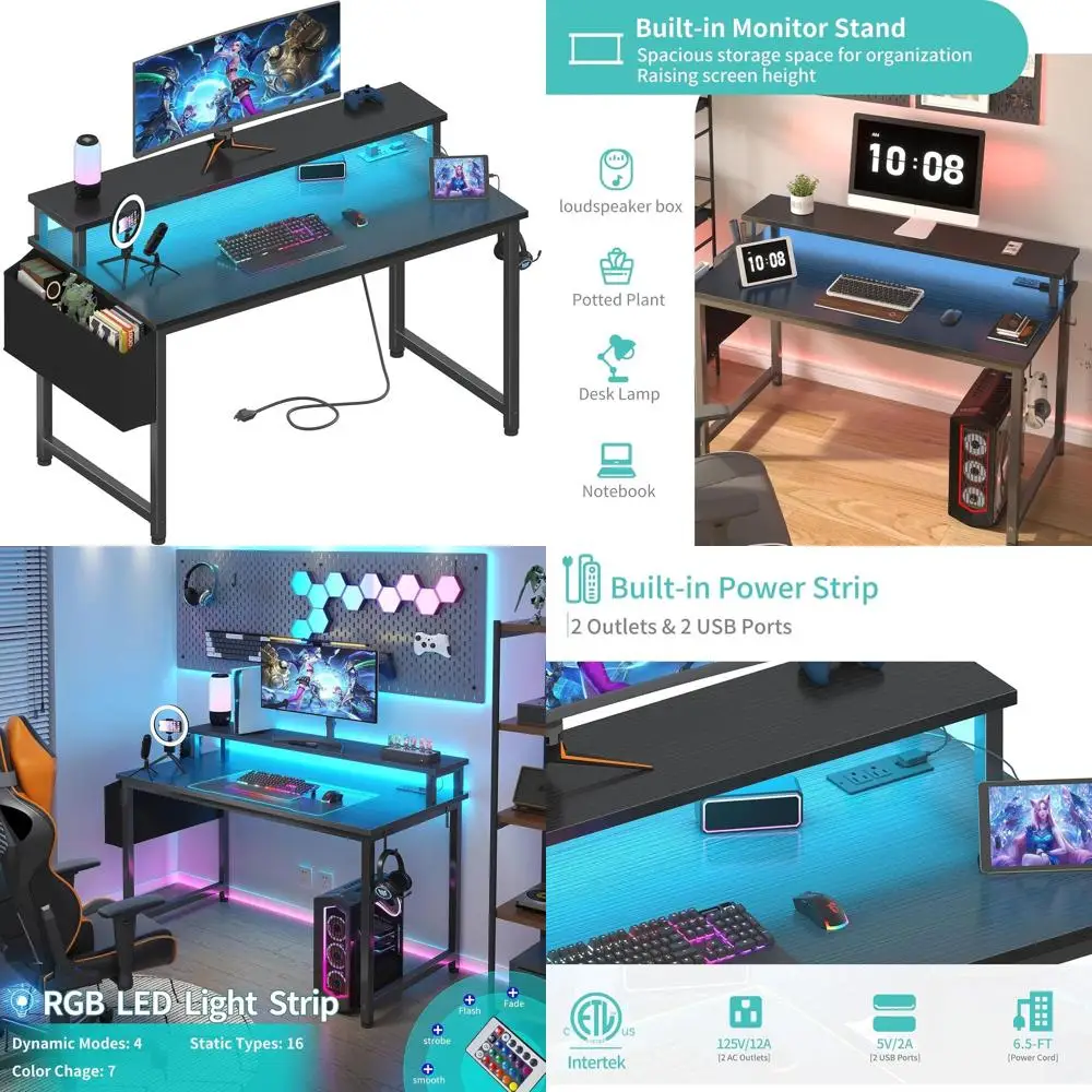 

LED-Lit 40 Black Gaming Desk with Power Outlets and USB Charging Station